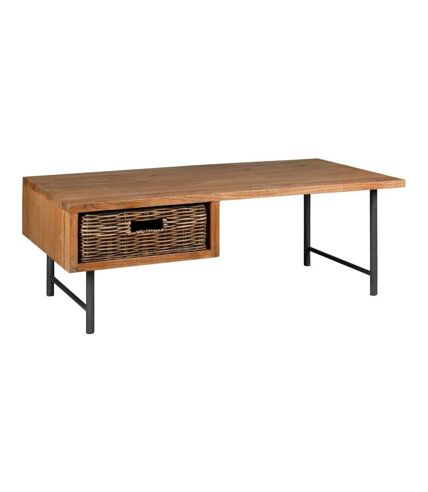 Table basse en bois, métal et tiroir rotin