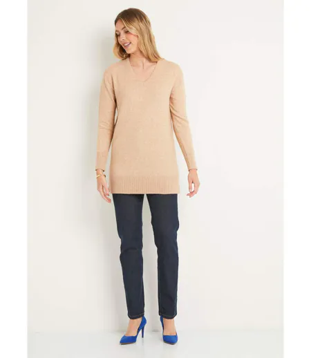 Pull tunique chiné long col V avec laine