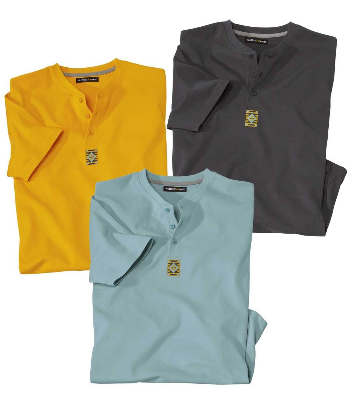 Pack of 3 Men's Button-Neck T-Shirts - Blue Anthracite Yellow  Atlas For Men