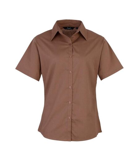 Short Sleeve Poplin Blouse / Plain Work Shirt Brown Premier