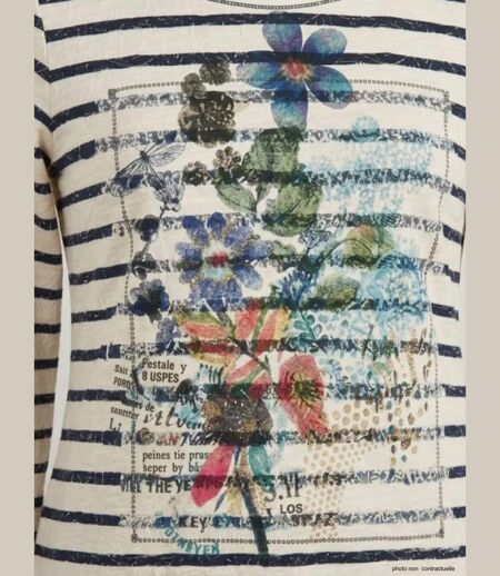MAYFLOWER KA9631A - Tee-shirt manches 3/4 en coton stretch à imprimé graphique marine et blanc