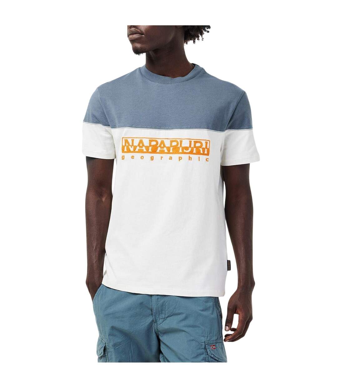 Mens Saturnia Geographic Crew Neck T-shirt White Blue Napapijri-3