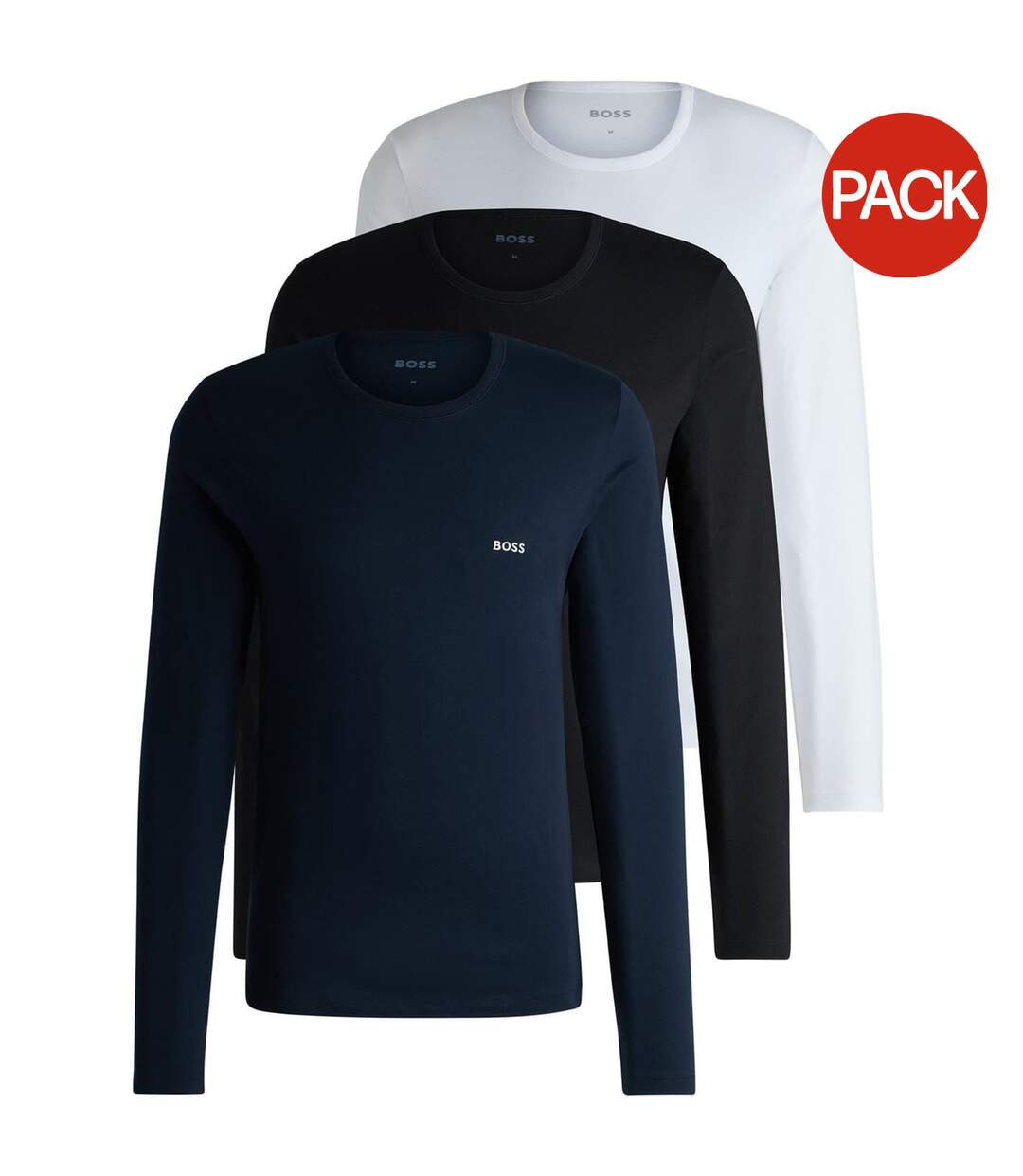 Lot De 3  T-shirts Manches Longues Motif/style Logo Homme Blanc Bleu Marine Noir Boss-2
