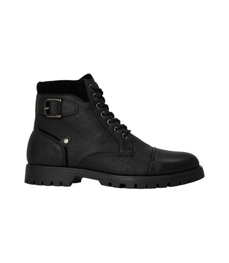 Mens Plain Leather Combat Boots Black Original Penguin