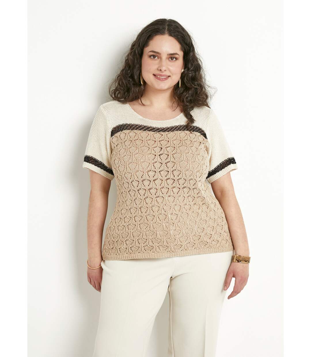 Pull doux brillant manches courtes col rond-1