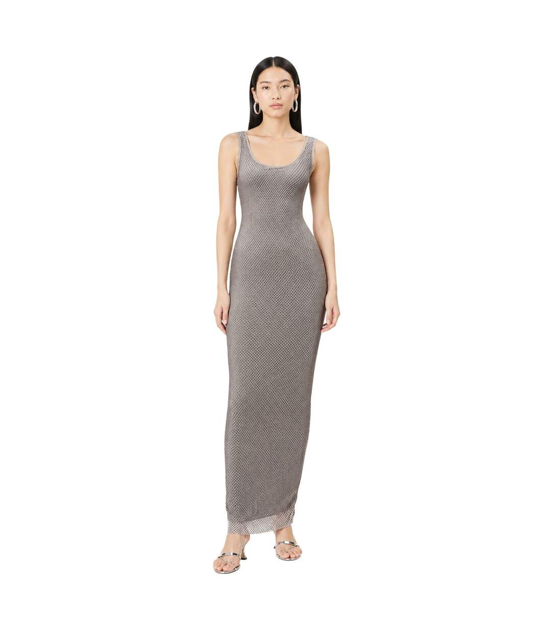 Womens/ladies Rhinestone Mesh Scoop Neck Slim Maxi Dress Silver AmyLynn-3