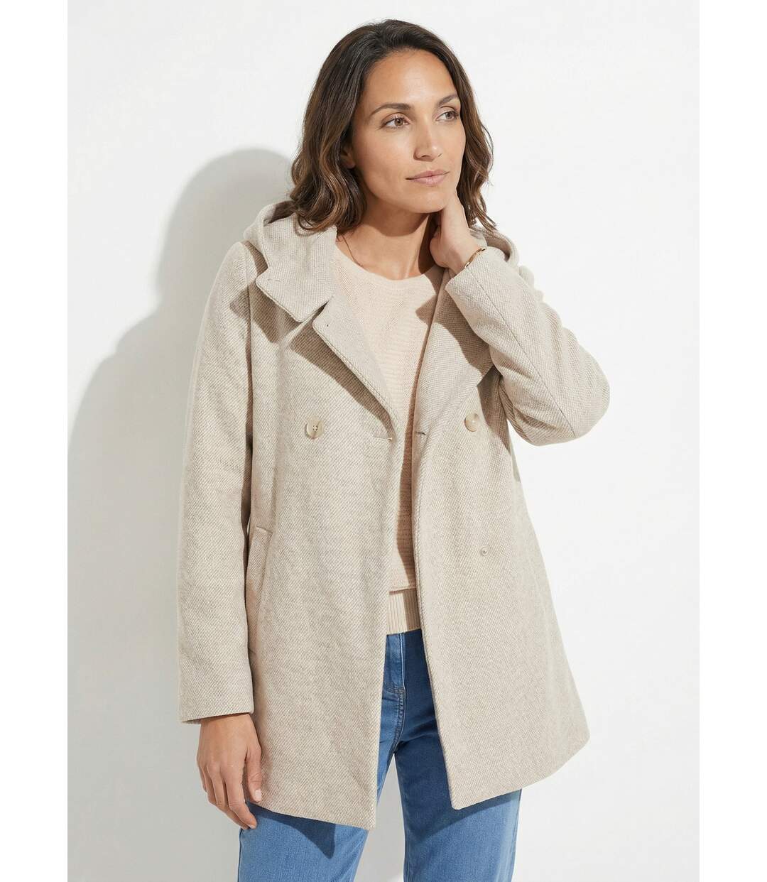 Veste manteau lainage tweed double boutonnage capuche-1