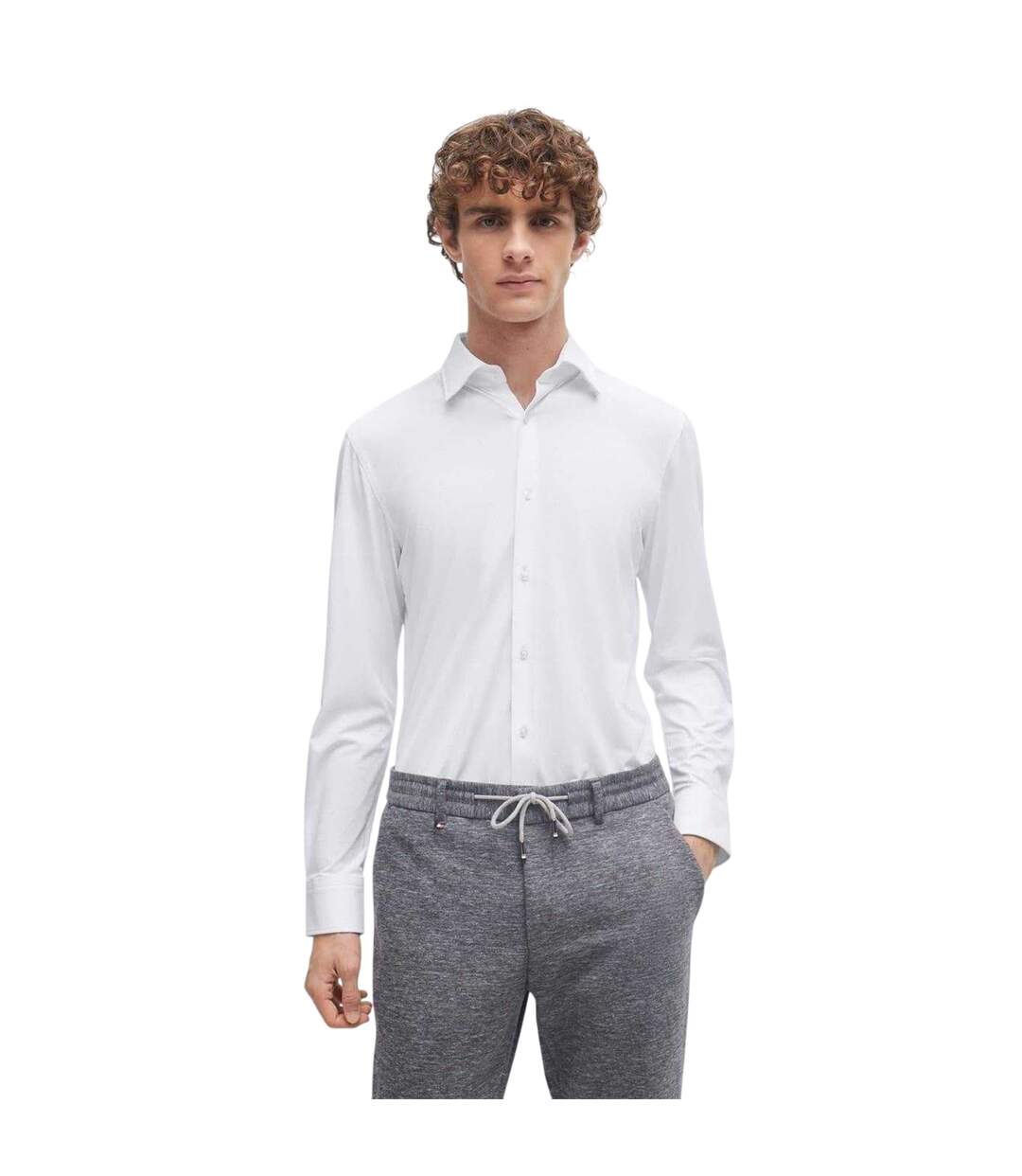 Mens Point Collar Long-sleeved Shirt White Boss-4