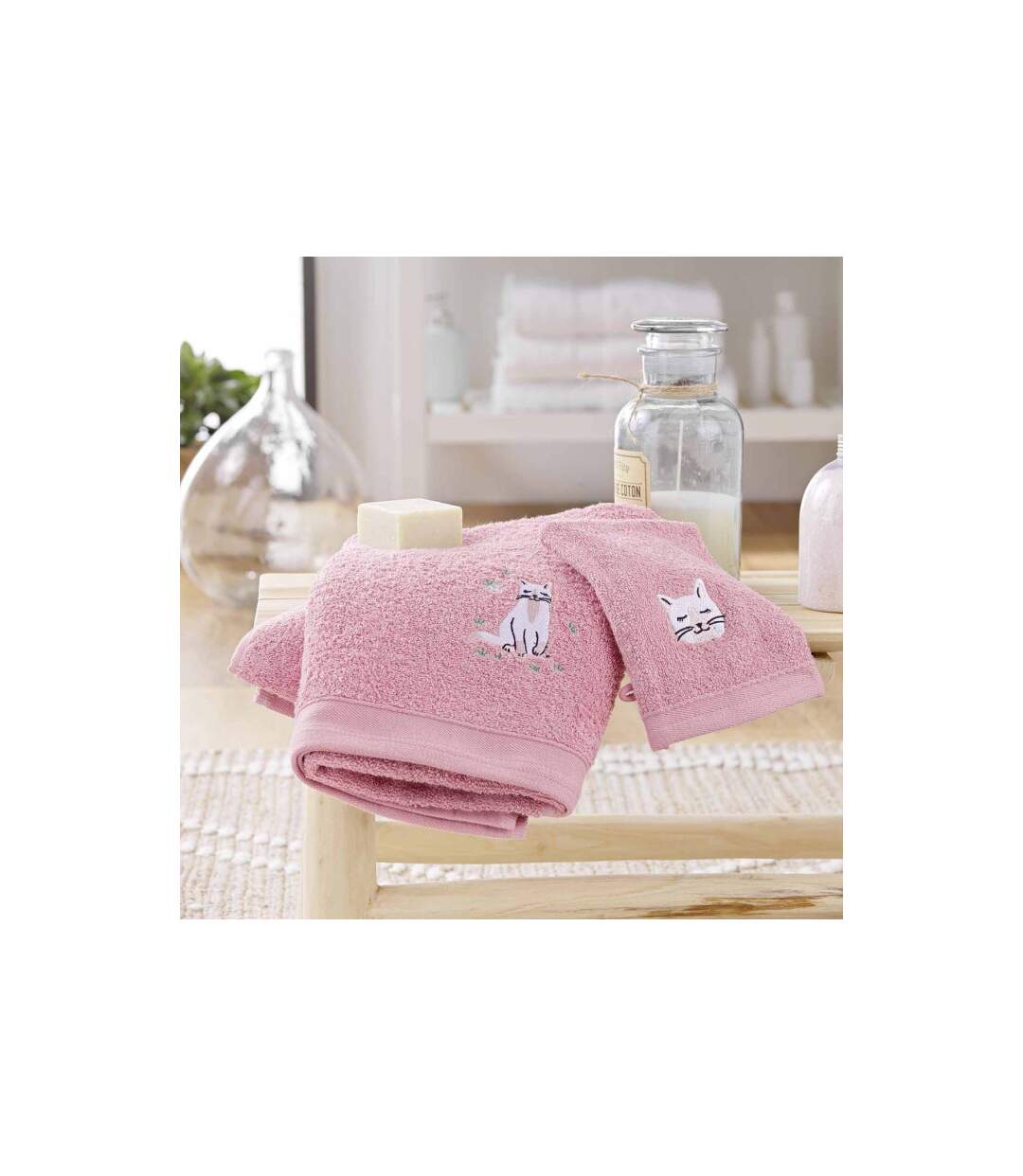 Set Gant & Drap de Douche Chaton 70x130cm Rose