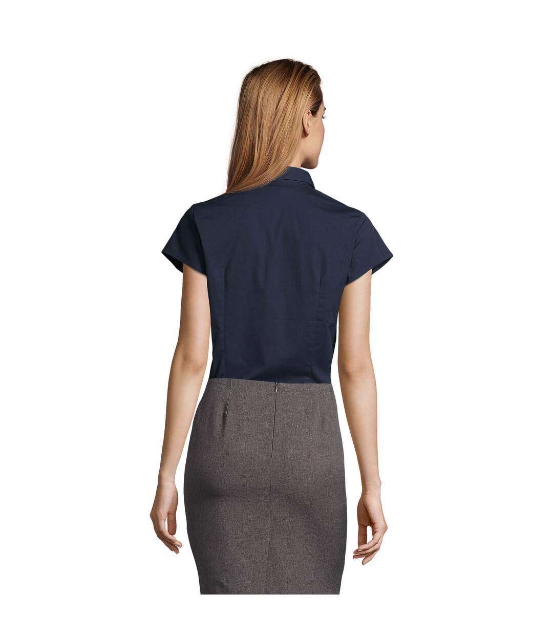 Womens/ladies Excess Stretch Short-sleeved Blouse Dark Blue SOLS-2