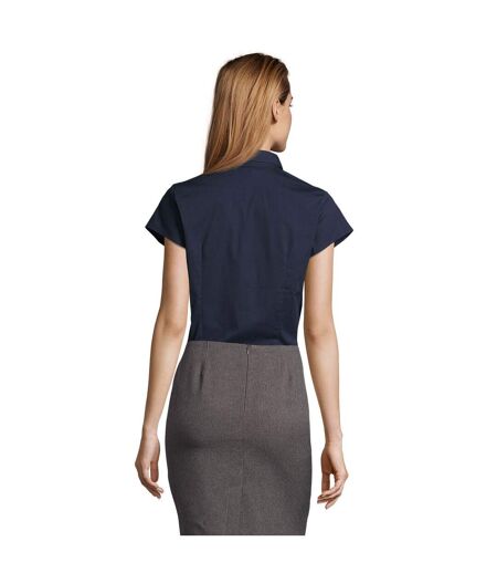 Womens/ladies Excess Stretch Short-sleeved Blouse Dark Blue SOLS