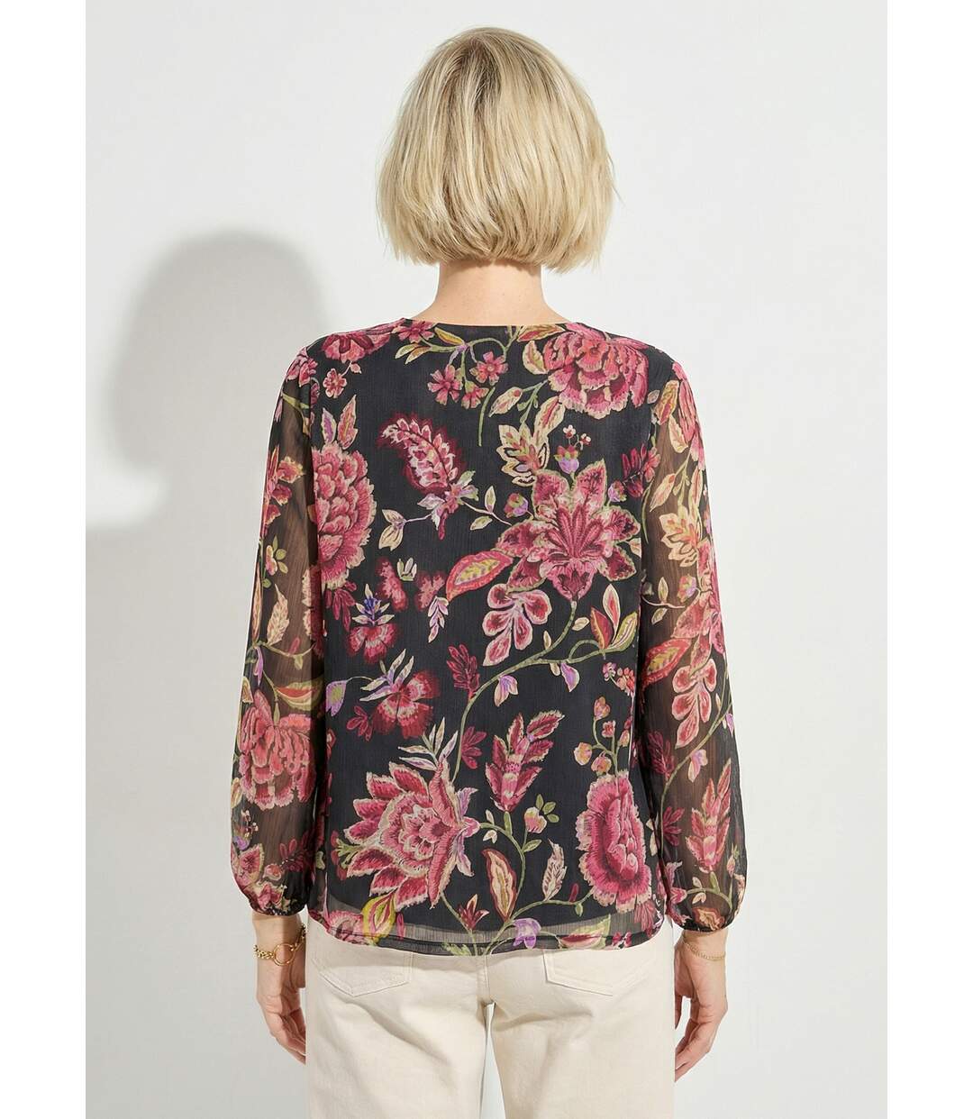 Blouse col V manches longues voile fleuri-2