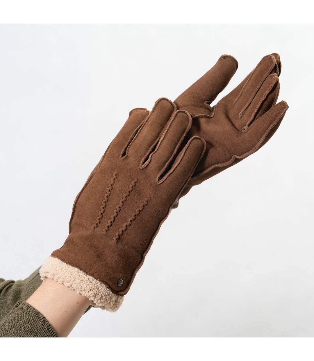 Isotoner Gants femme en cuir de chèvre velours, doublés en imitation fourrure-2