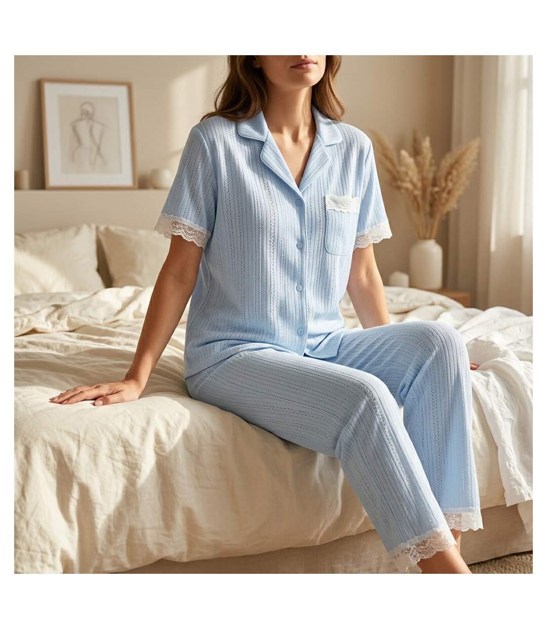 OZABI Pyjama Femme Long Boutonné Dentelle Tissu Ultra Léger-2