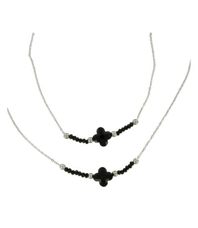 Parure Femme Bracelet Collier Pendentif Trêfle Perles Noires