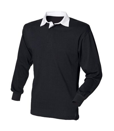 Polo De Rugby À Manches Longues 100% Coton Homme Noir Blanc Front Row