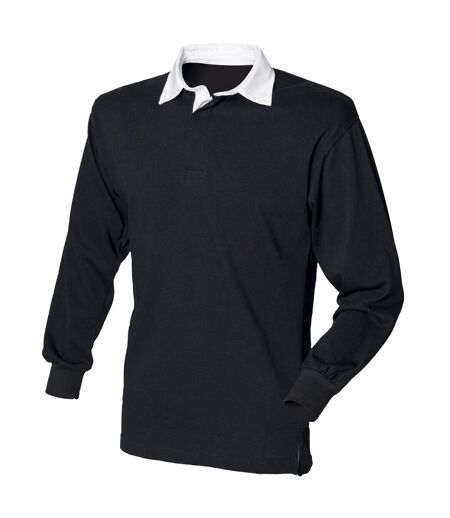 Polo De Rugby À Manches Longues 100% Coton Homme Noir Blanc Front Row
