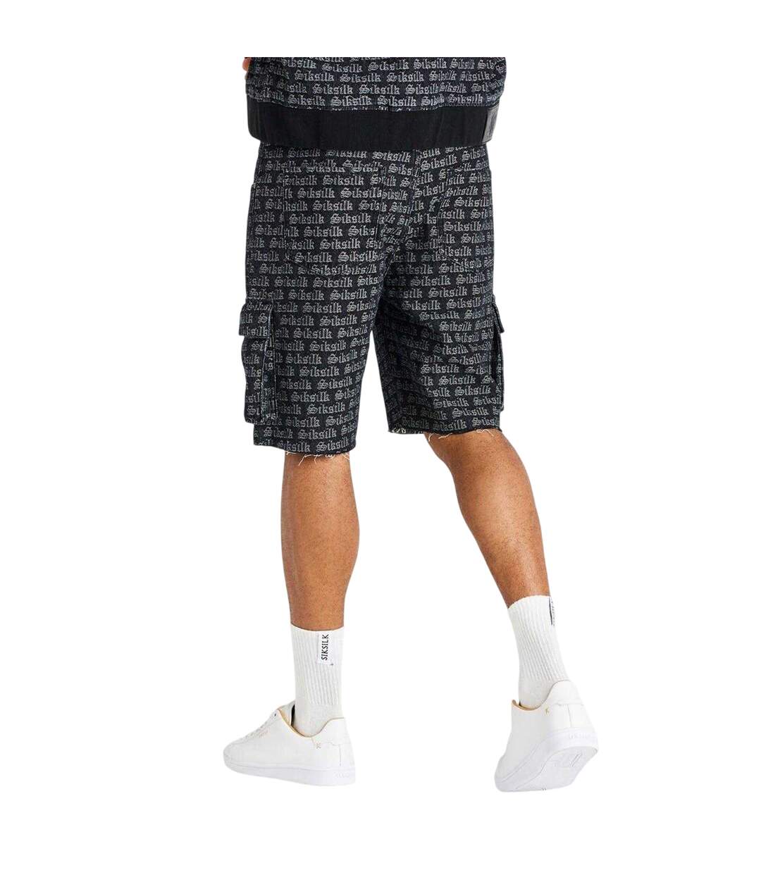 Mens Lettering Print Relaxed Fit Cargo Shorts Black Print SikSilk-2