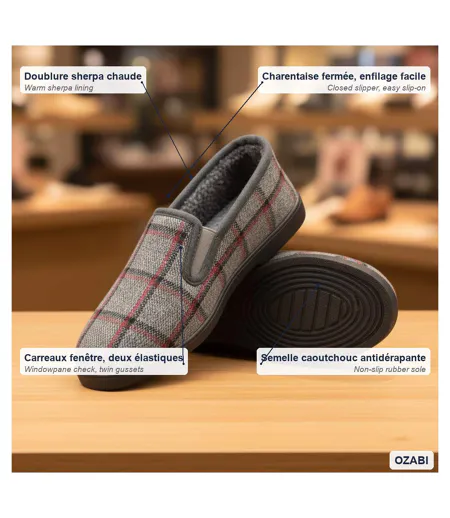 OZABI Pantoufles Charentaises Homme Fourrées Carreaux Fenêtre Antidérapantes