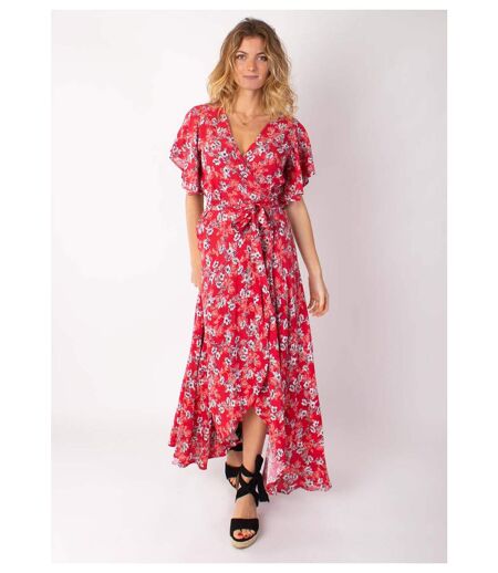 Robe longue SAKURA bohème imprimé fleuri rouge Coton Du Monde