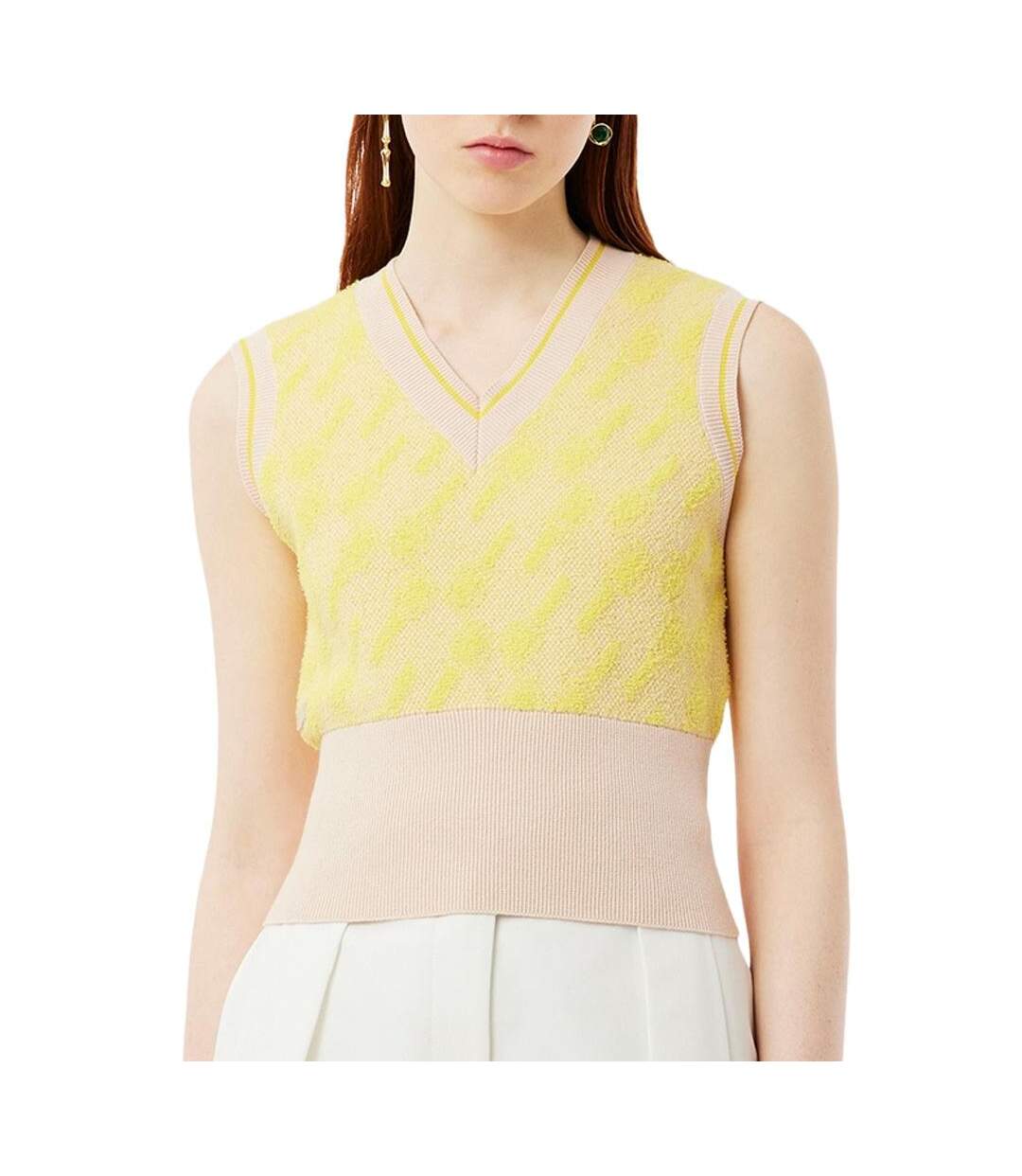 Pull sans manche beige/jaune femme lacoste jacquard graphic-1