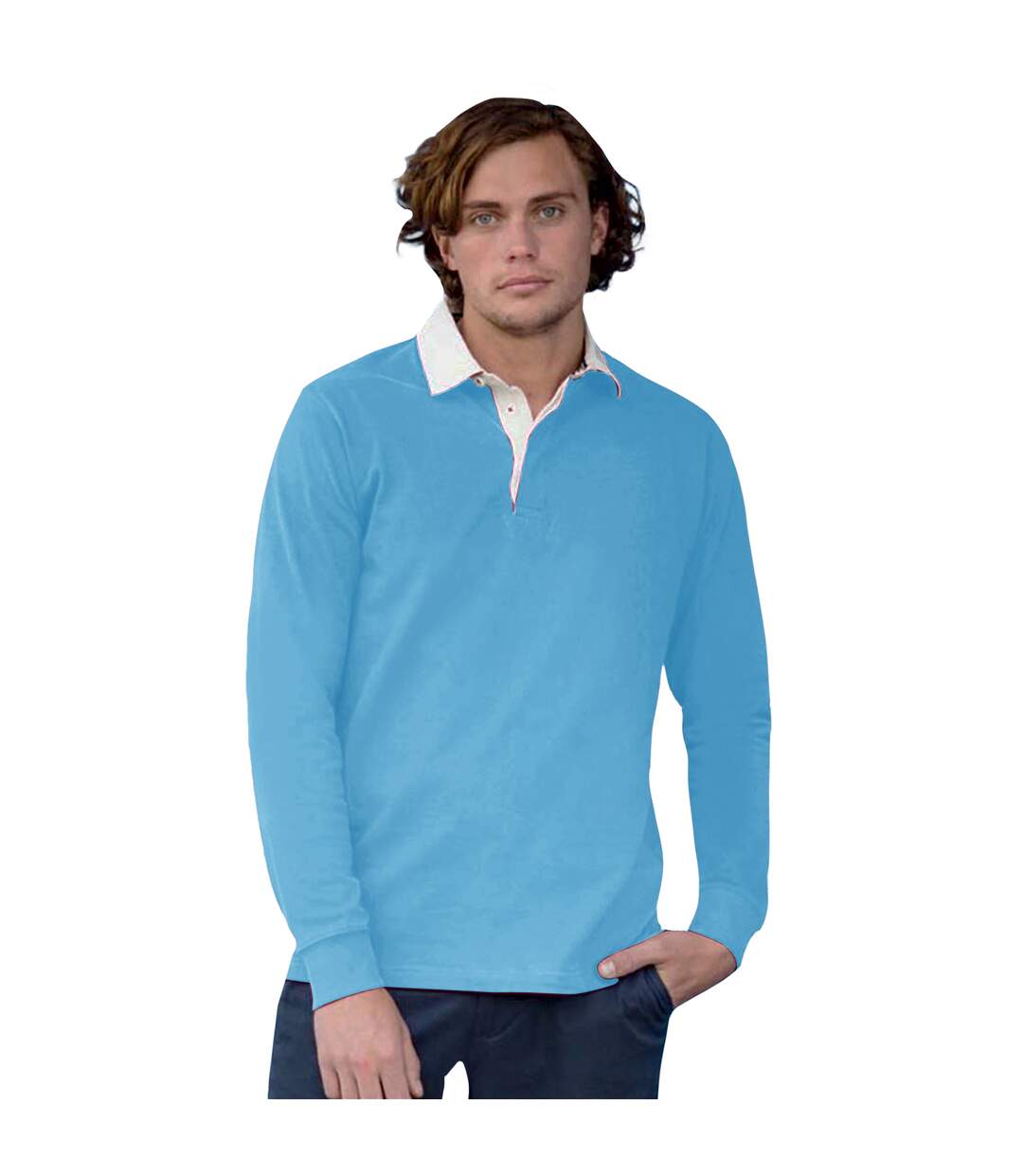 Polo de rugby à manches longues 100% coton homme bleu surf/blanc Front Row