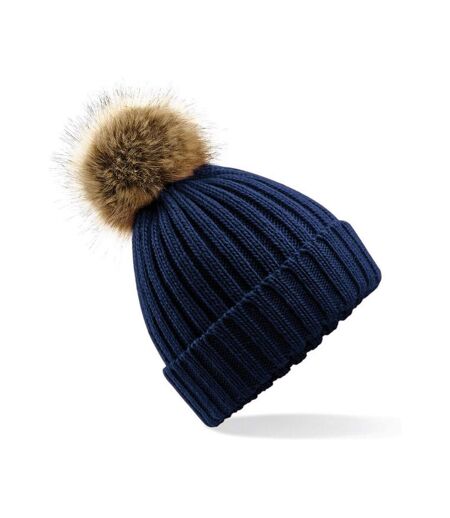 Bonnet En Tricot Pom Pom En Fausse Fourrure Bleu Marine Beechfield