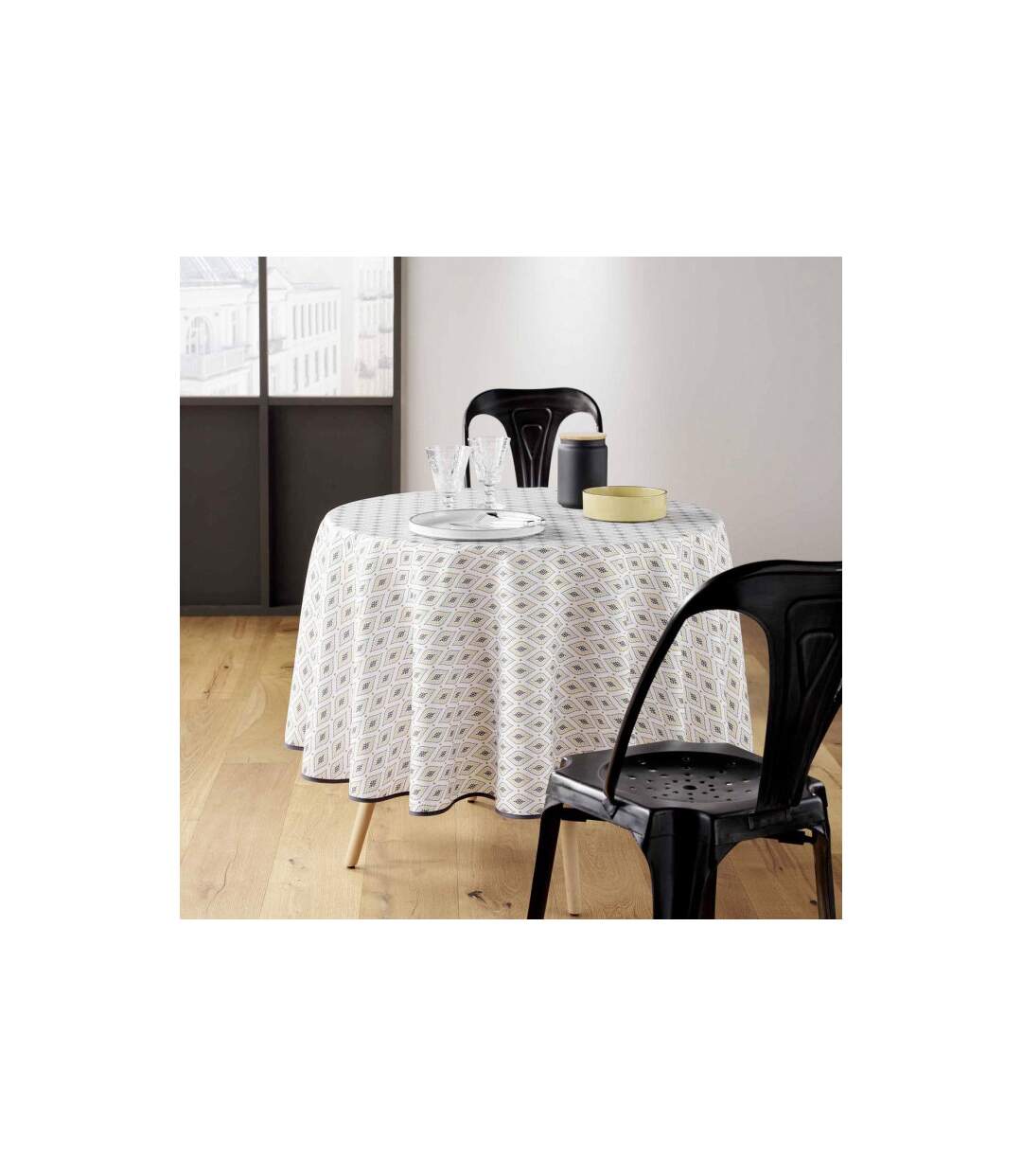 Nappe Ronde Imprimé Oricia 180cm Beige & Noir-3