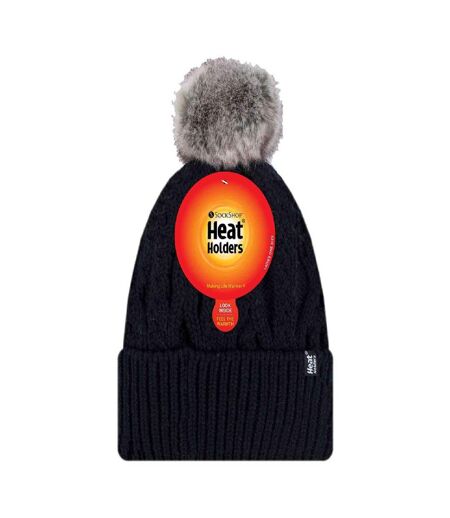 Ladies Knitted Turnover Cuffed Pom Pom Beanie Hat with Bobble
