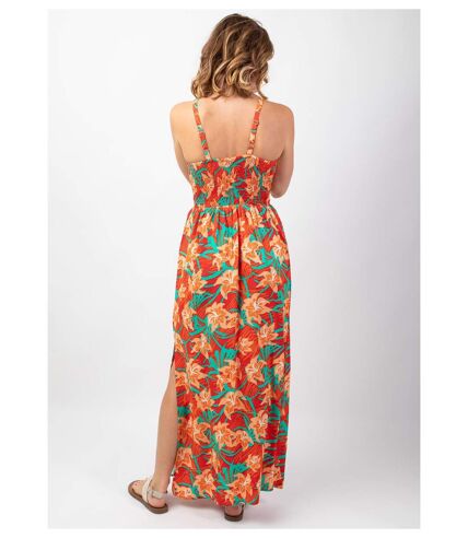 Robe longue fendue GLORIA fines bretelles motif fleuri tropical Coton Du Monde