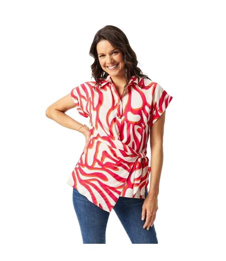 Womens/ladies Swirl Waist Tie Capped Sleeved Shirt Red White Biba