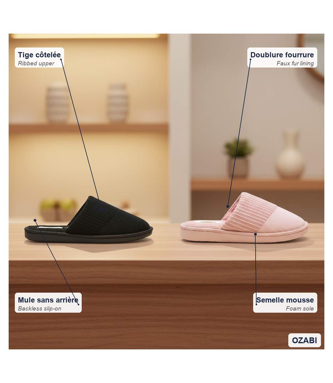 INFINITIF PARIS Pantoufles Mules Femme Pack 2 Paires Tige Côtelée Semelle Mousse-5
