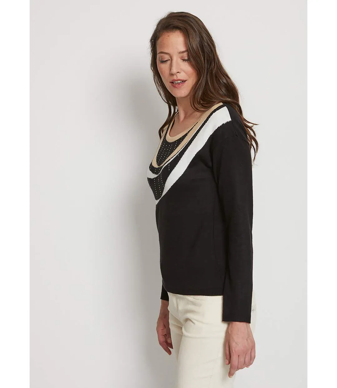 Pull court jacquard strassé col rond-3