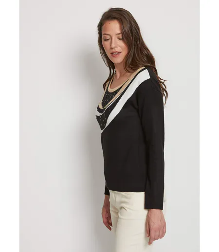 Pull court jacquard strassé col rond