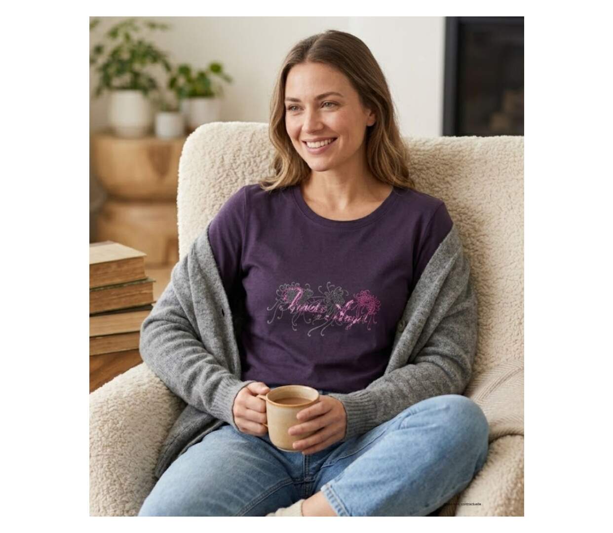 MAYFLOWER SH1060 – Tee-shirt manches longues violet col rond sérigraphié pour un style audacieux-1