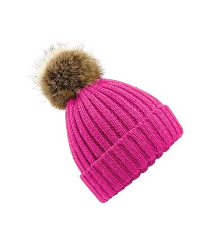 Unisex fur pop pom chunky beanie fuchsia Beechfield