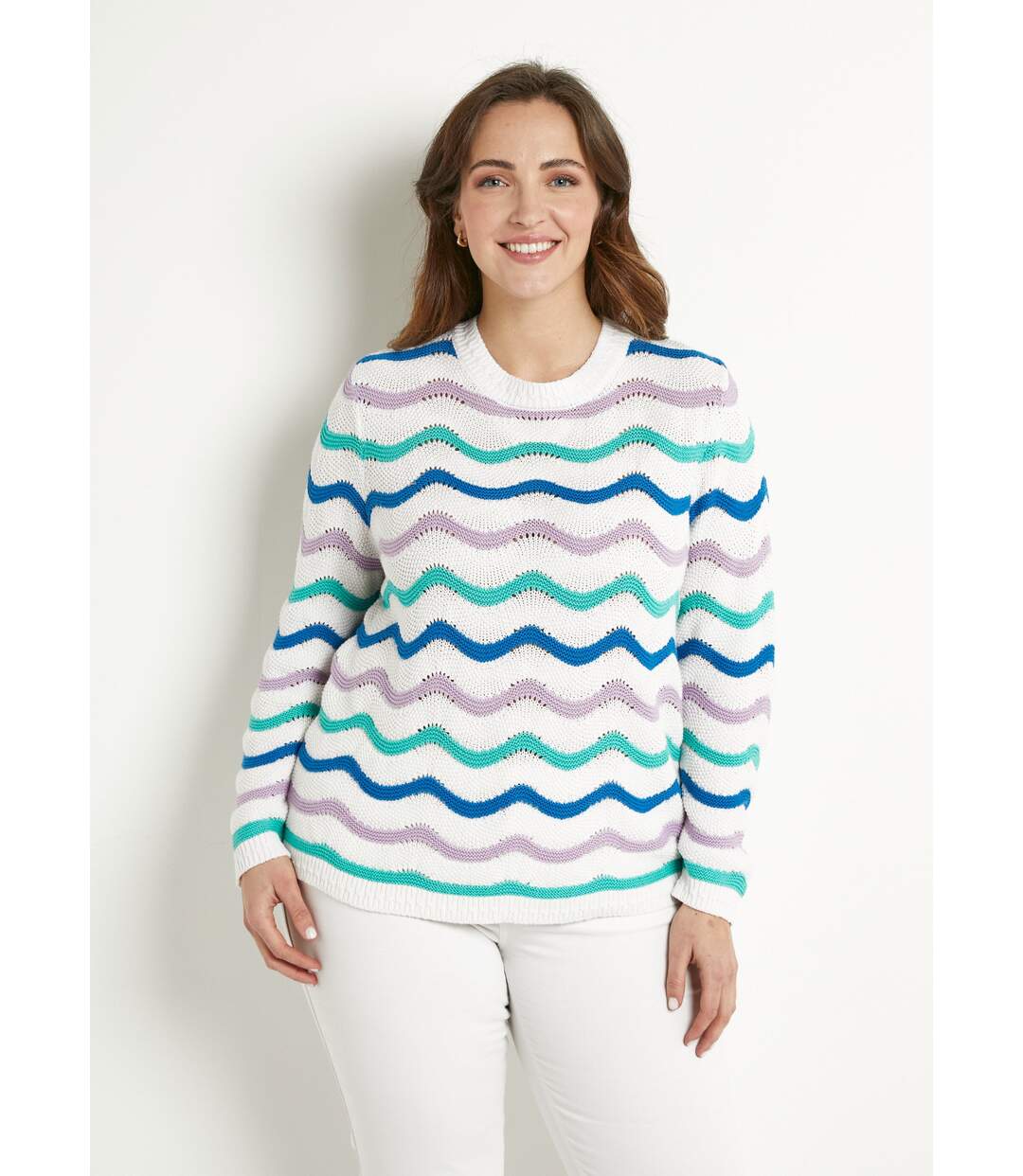 Pull doux col rond reliefé rayé point mousse-1