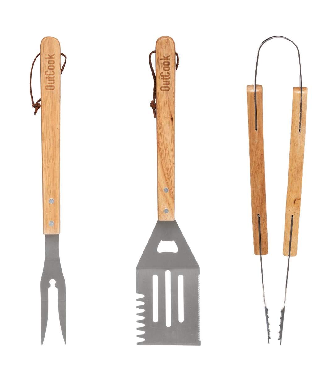 3 Ustensiles pour barbecue en inox et manche en bois