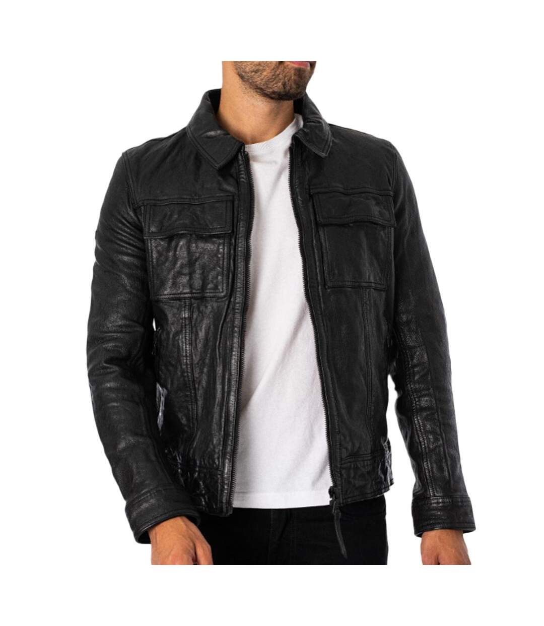 Veste en Cuir Noir Homme Seventies SUPERDRY Leather - 3XL