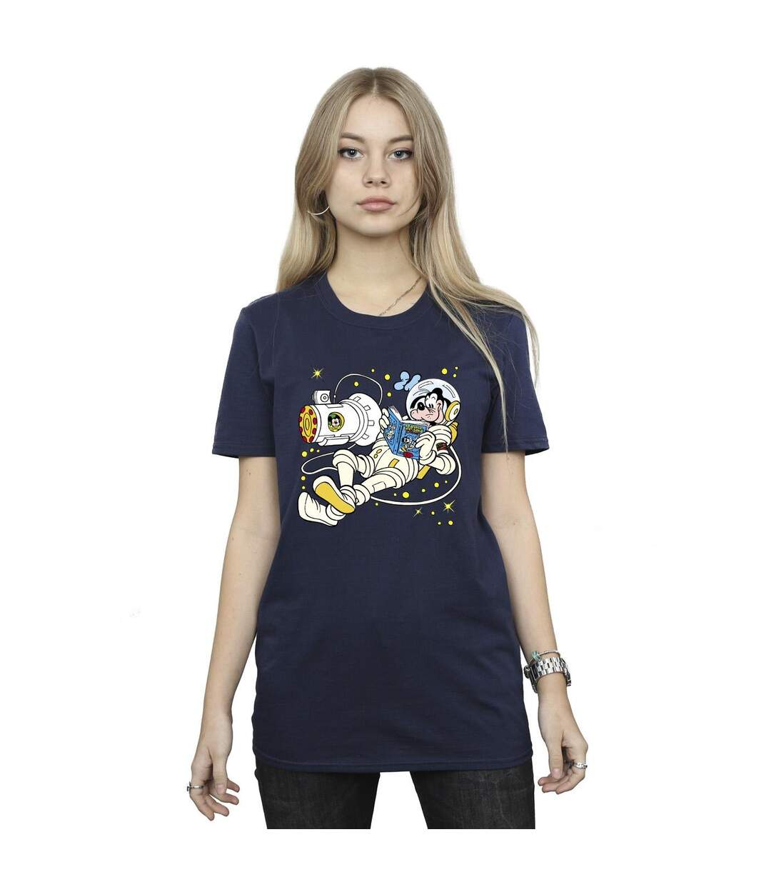 Disney Womens/Ladies Goofy Reading In Space Cotton Boyfriend T-Shirt (Bleu marine) - UTBI48694-2