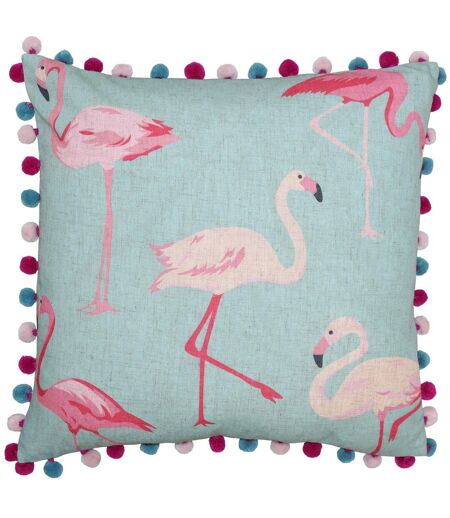 Riva Home Flamingo Pom Pom Edged Square Cushion Cover (Duck Egg) - UTRV1184