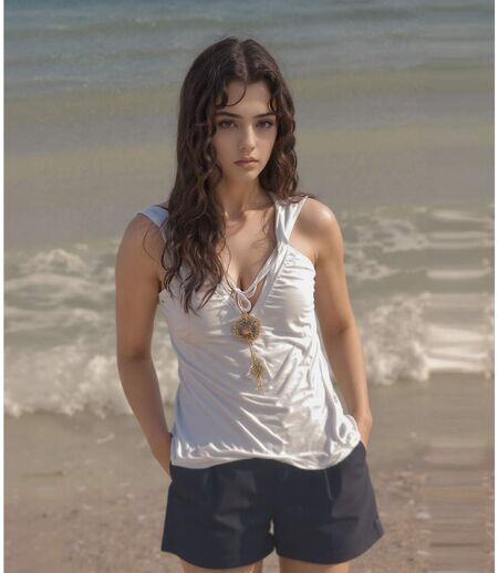 Tee-shirt Femme Sans Manches couleur blanc -  Col en pointe -  Design élégant