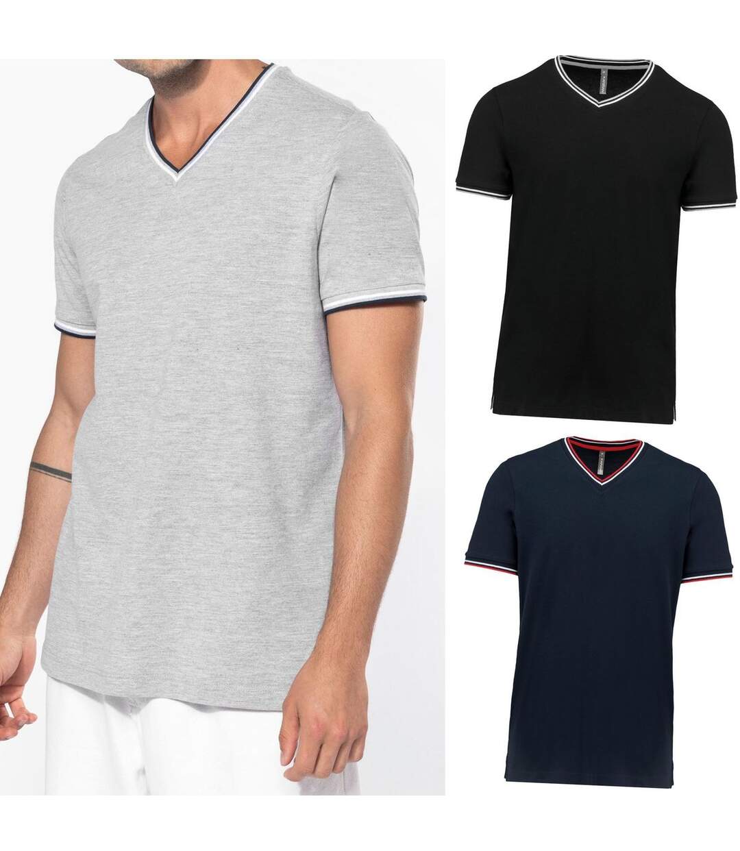 Lot 3 T-shirts manches courtes coton piqué col V K374 - gris - noir -bleu - homme-1