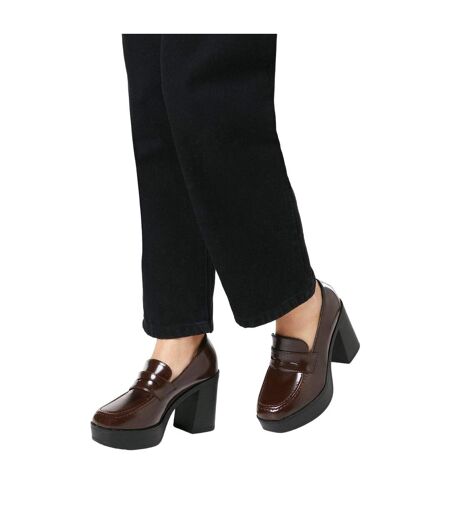 Womens/ladies cash chunky high heel penny loafers brown Faith