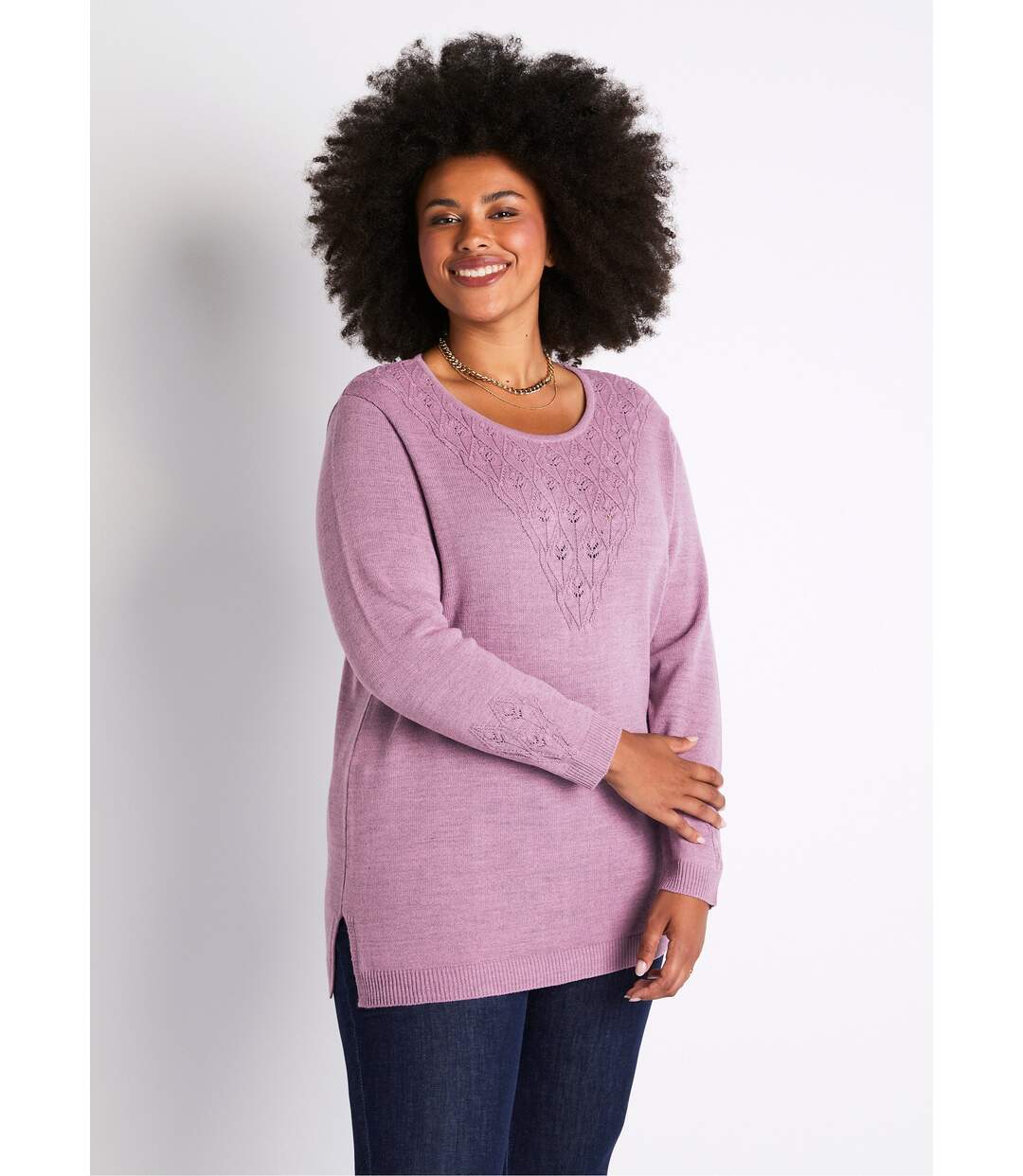 Pull-tunique chiné ajouré col rond-1