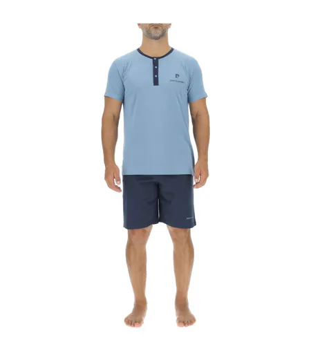 Ensemble Pyjama court homme en coton uni col boutonné & Logo poitrine Pierre Cardin