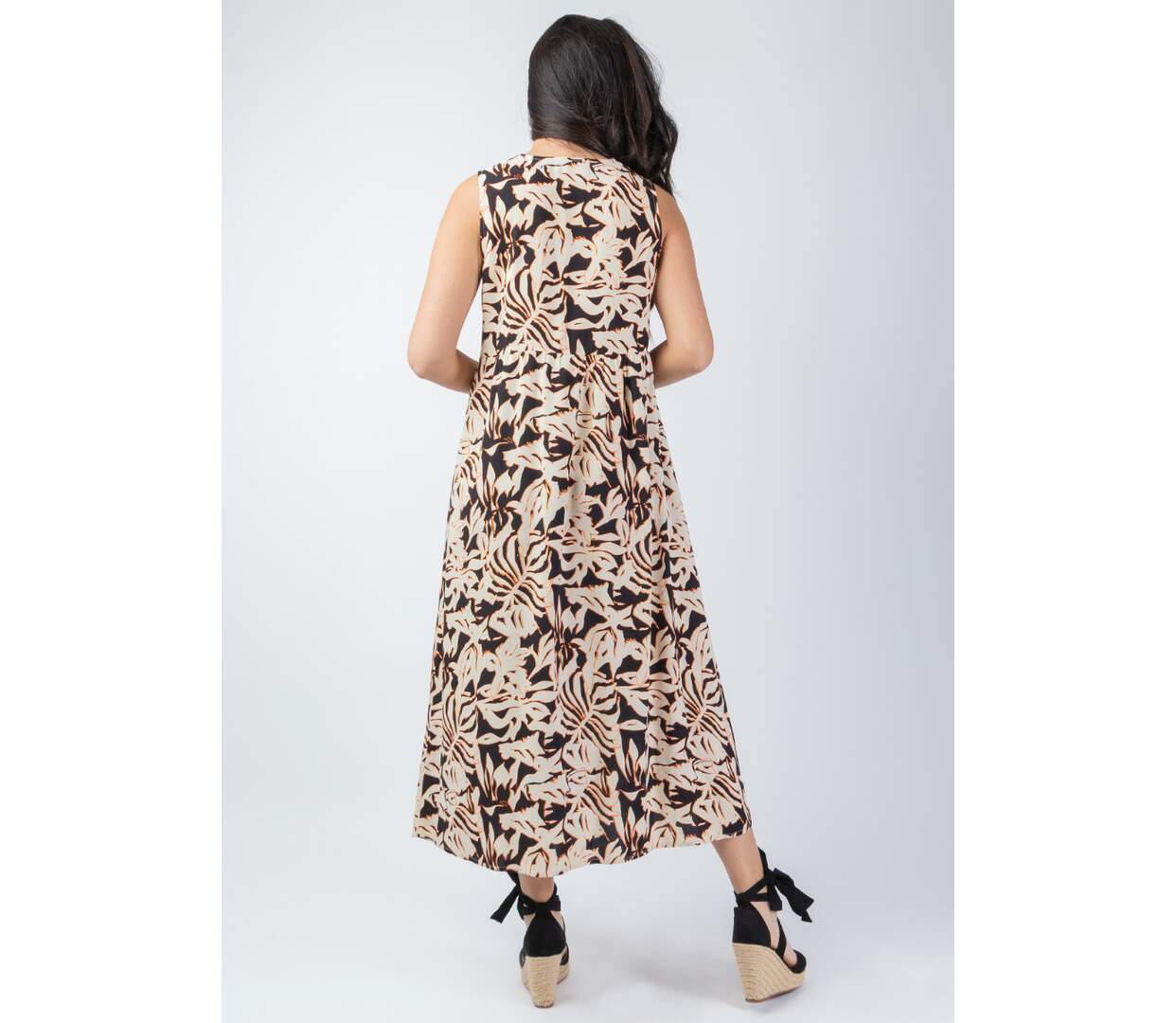 Robe longue viscose coupe ample MAITA imprimé ethnique noir et beige Coton Du Monde-5