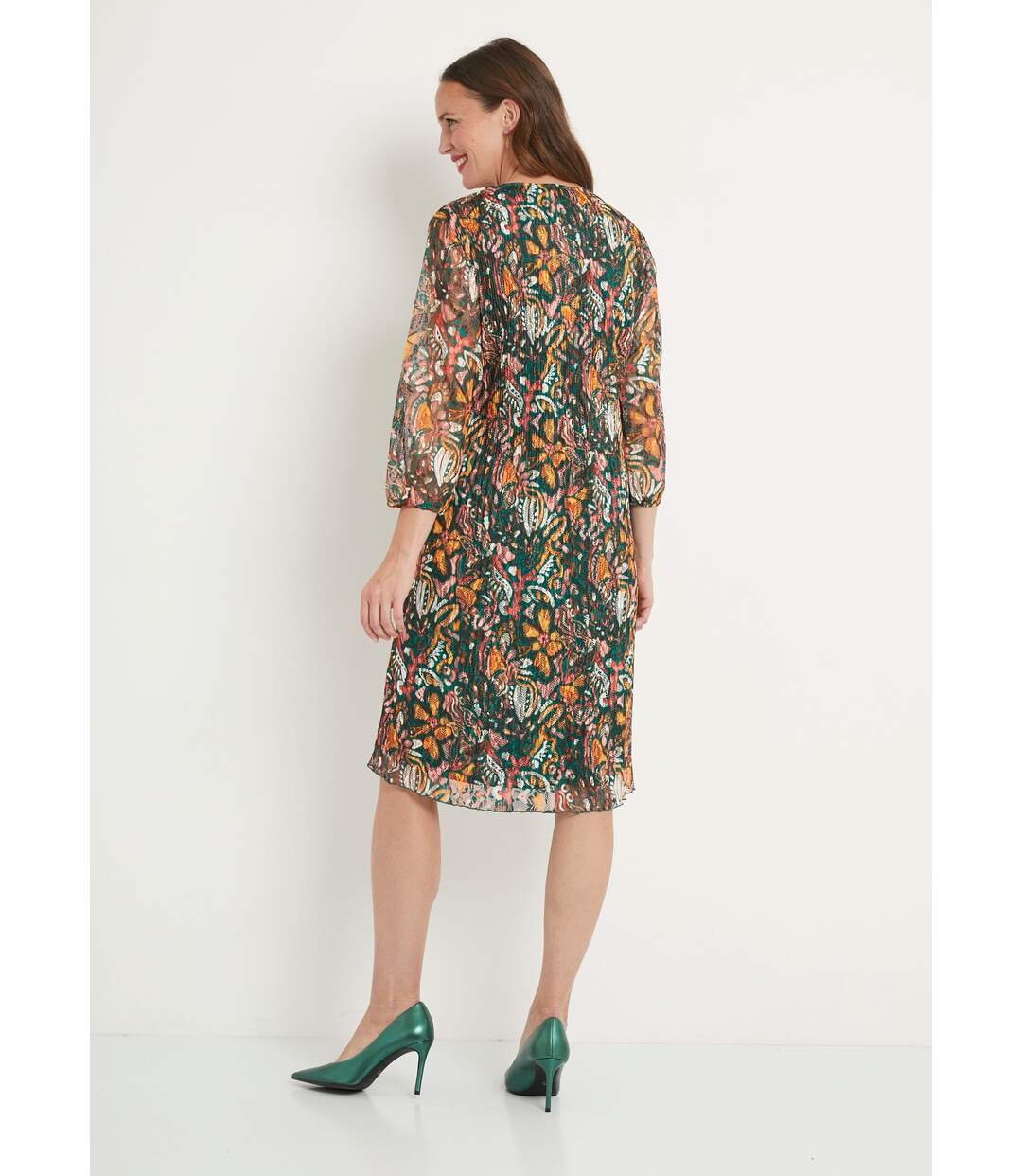 Robe courte dentelle plissée imprimée col V-2