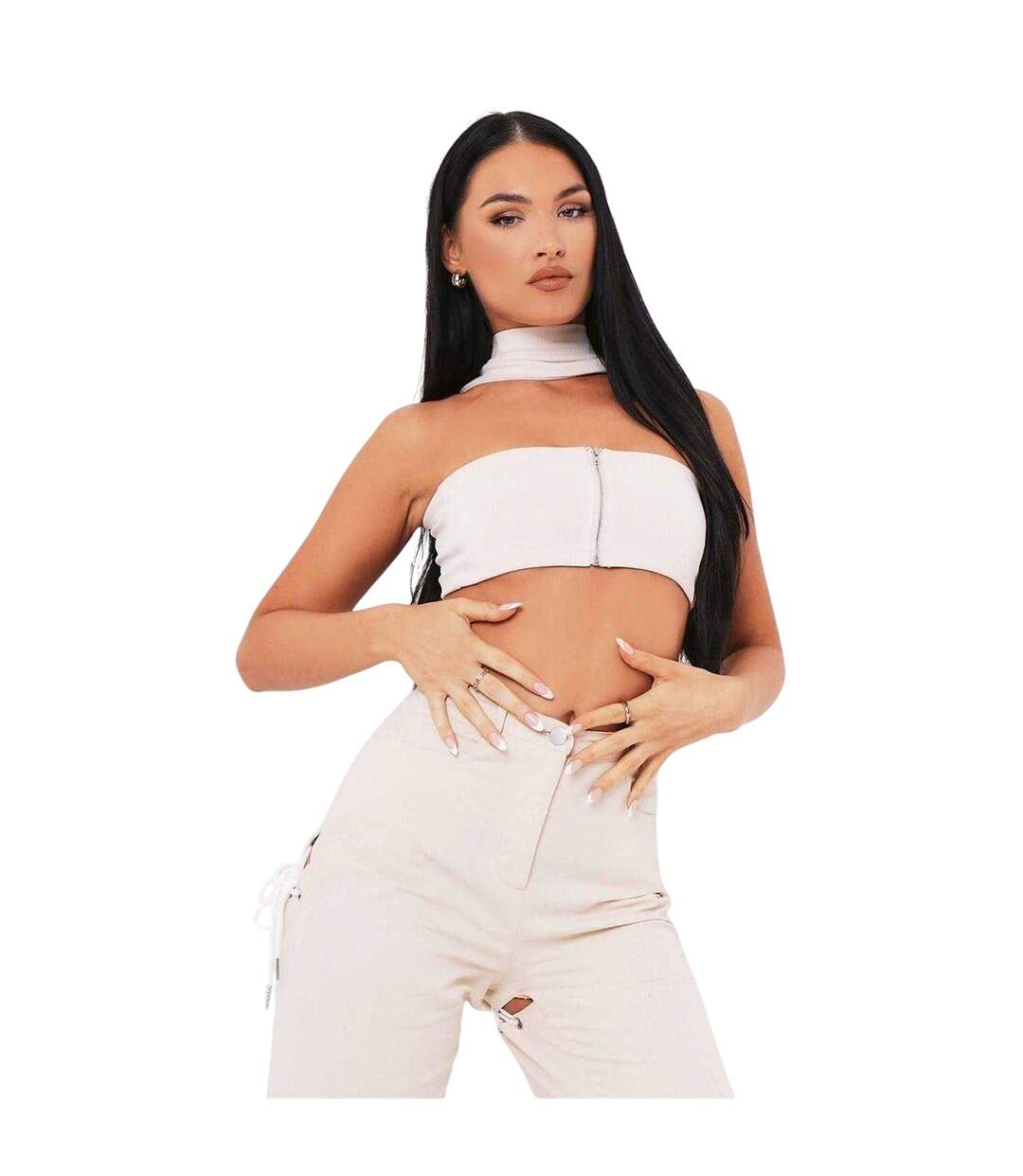 Womens/ladies Ribbed Bandeau Crop Top Sand Missy Empire-1