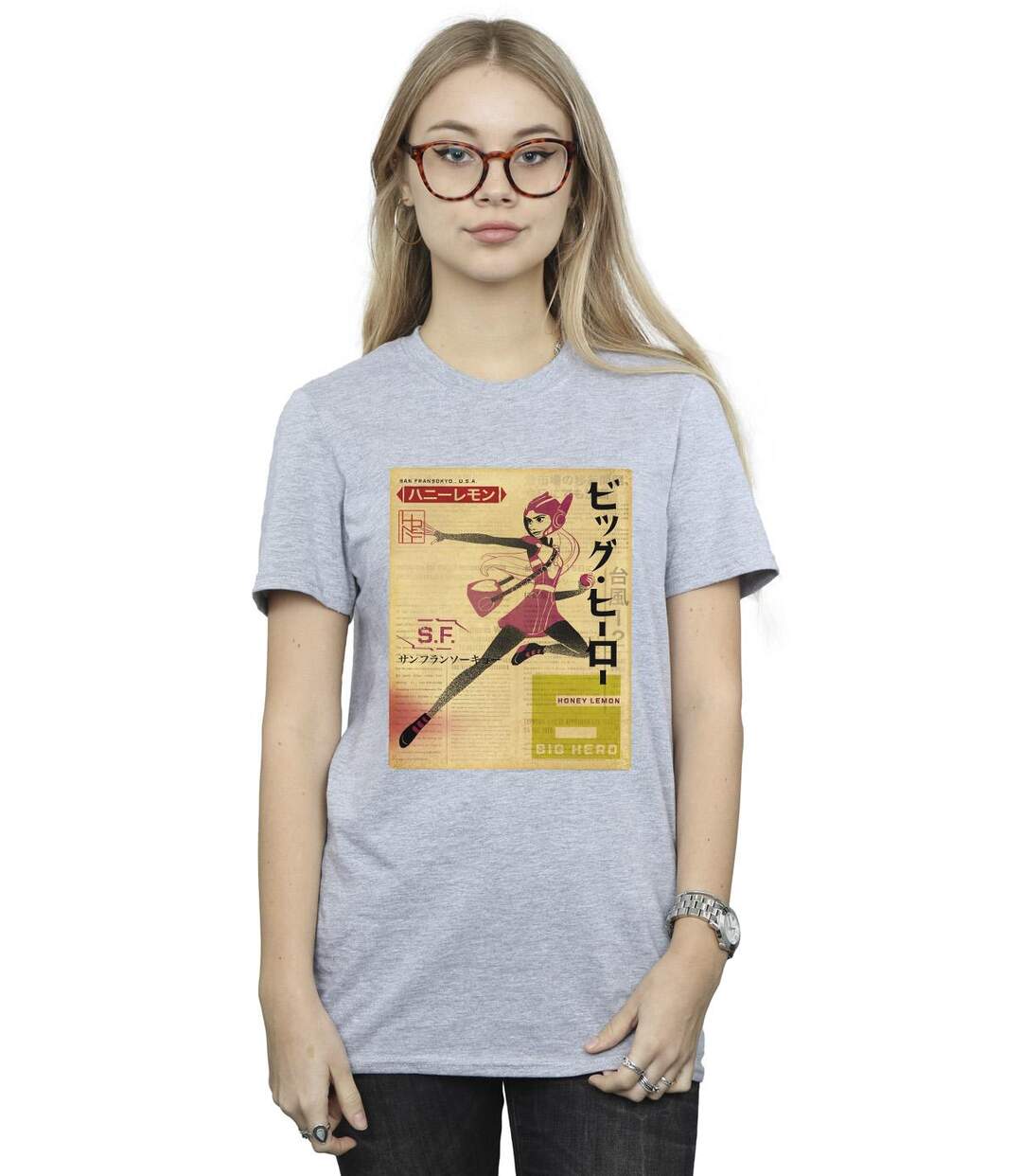 Disney Femme/Les femmes Big Hero 6 Baymax Honey Lemon Newspaper Coton Boyfriend T-Shirt (Gris sportif) - UTBI15513-2